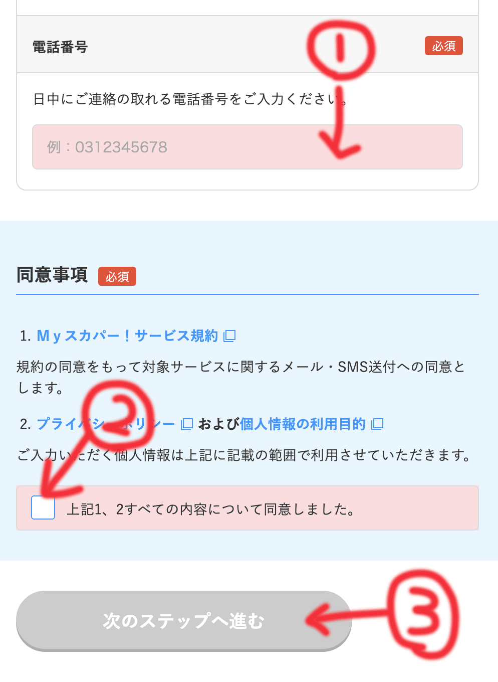 スカパー加入申込み（電話番号、同意）