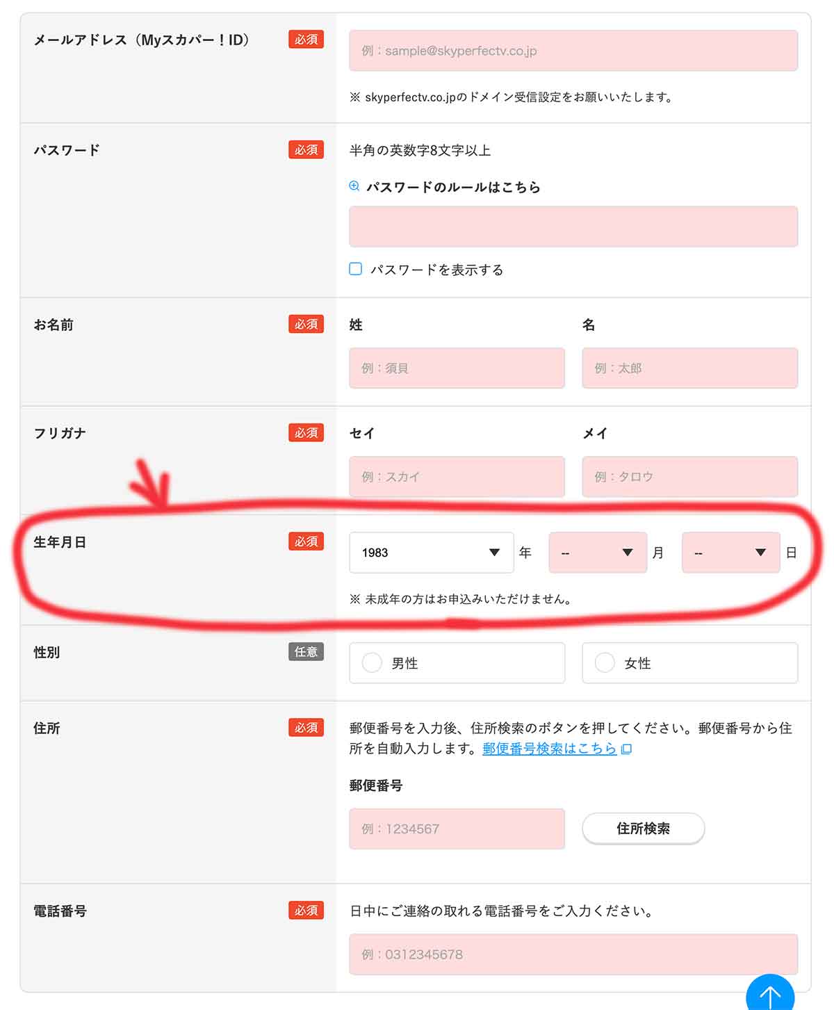 スカパー！生年月日を入力する